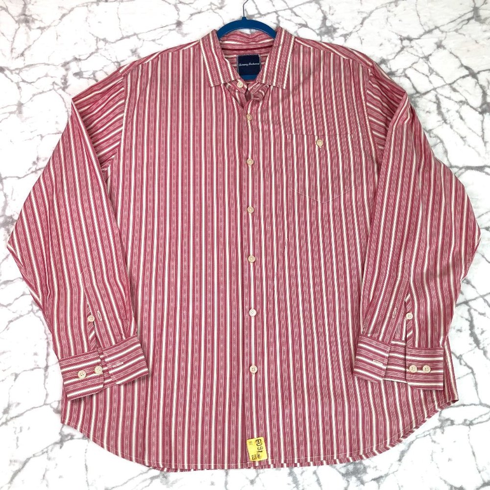 TOMMY BAHAMA Shirt Men's XL Iris Rose & White Striped Button Up Long Sleeved